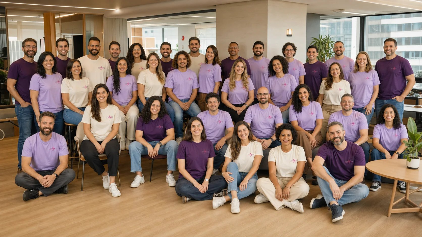 Composição ilustrativa de um grupo diverso reunido em um escritório com camisetas YouByYou
