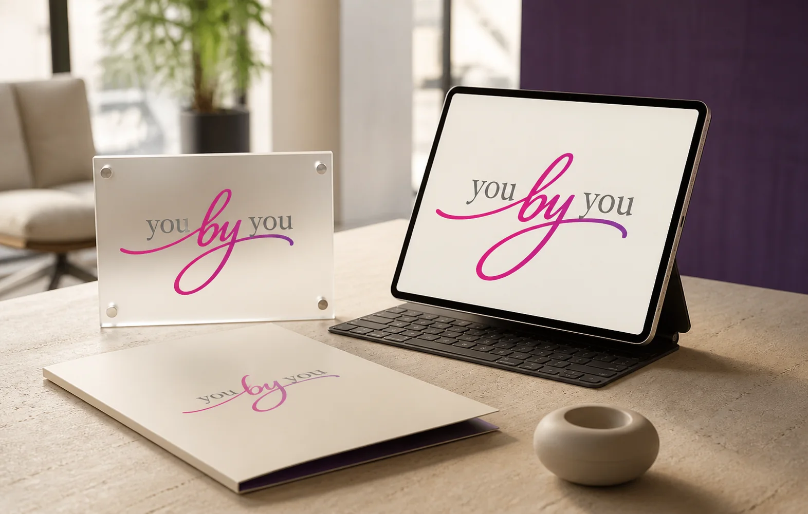 Mockup de materiais institucionais com a identidade visual da YouByYou